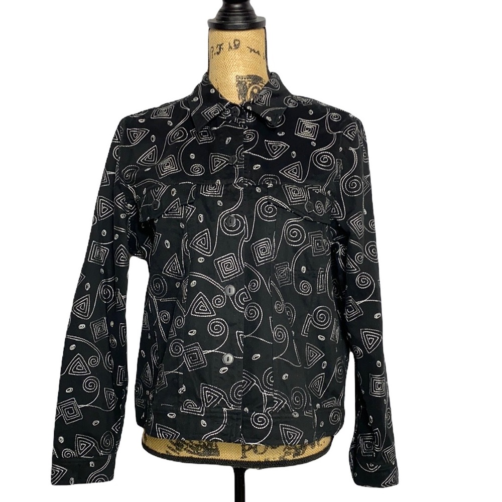 Christopher & Banks Black Embroidered Geometric Swirl Button-Up Jacket M